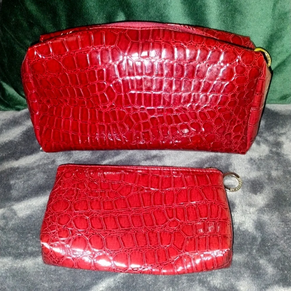 Estee Lauder Deep Red Croc Embossed Patent Toiletry Cosmetic Bags, Set of 2